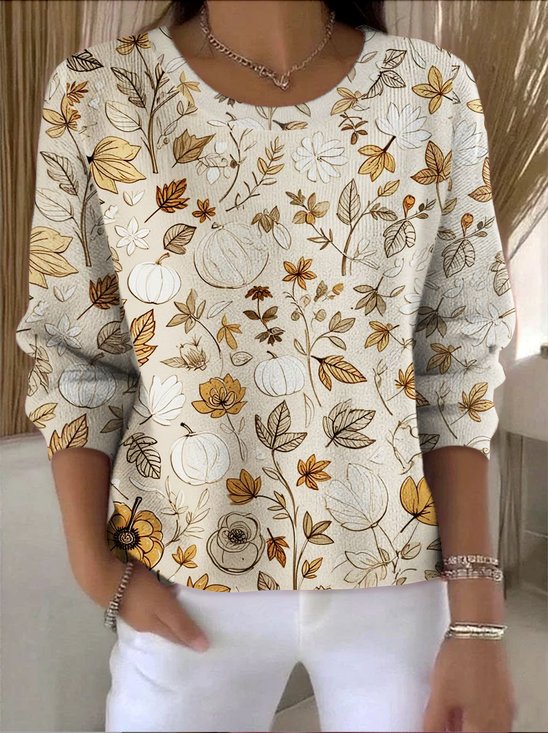 Damen Baumwolle Geblümt Langarm Bequem Retro Pullover