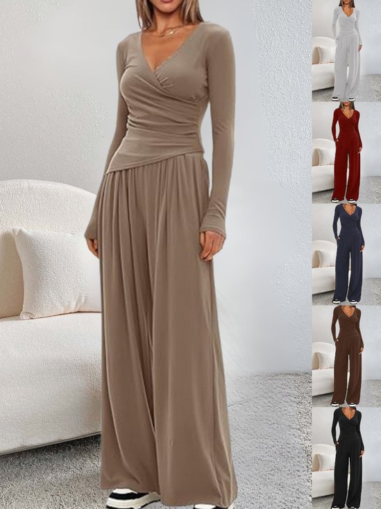 Damen Unifarben Nahtverarbeitung Zweiteiliges Set Täglich Langarm Lässig Frühling/Herbst Bluse mit Hose Matching Set