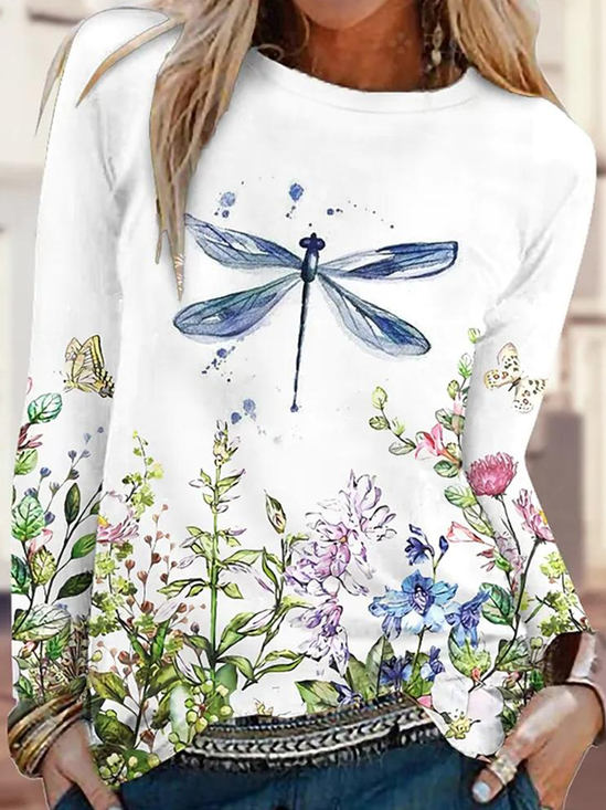 Lässig Geblümt Rundhals Langarm T-Shirt