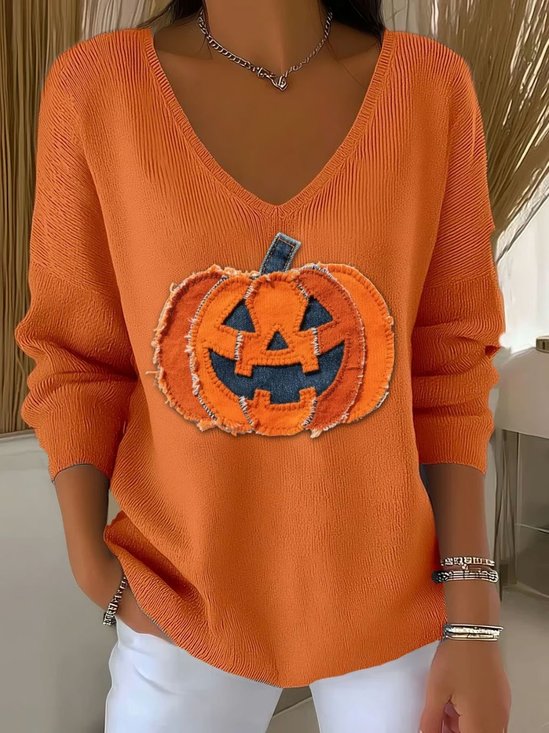Damen Baumwolle Halloween (Kürbis) Langarm Bequem Lässig Pullover