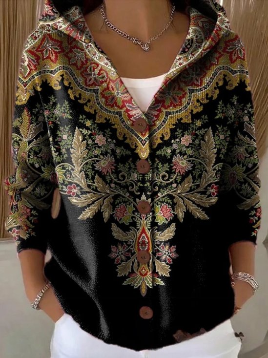 Damen Baumwolle Geblümt Langarm Bequem Retro Strickjacke