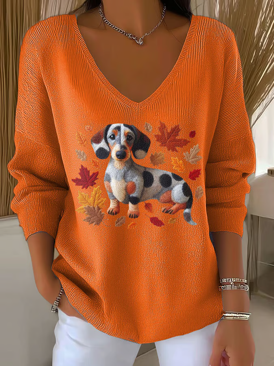 Lässig Hund V-Ausschnitt Langarm T-Shirt