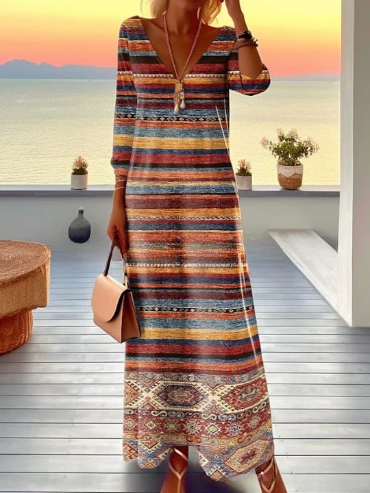 Damen Gestreift Frühling/Herbst Nahtverarbeitung Kleid V-Ausschnitt Langarm Tanktop A-Linien-Kleid