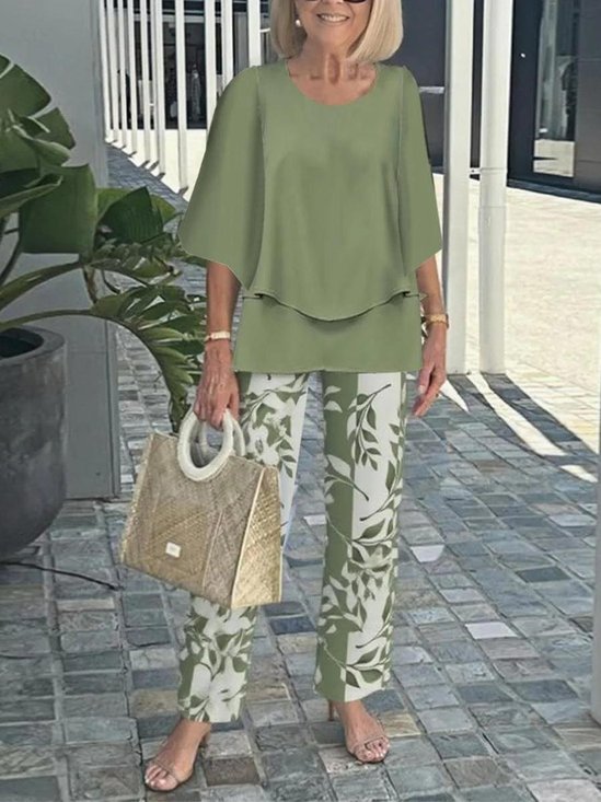 Damen Gestreift Bell-Ärmel Zweiteiliges Set Urlaub Dreiviertelärmel Retro Frühling/Herbst Bluse mit Hose Matching Set