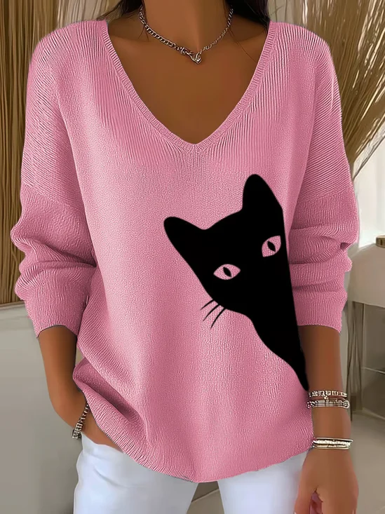 Lässig Unifarben V-Ausschnitt Langarm T-Shirt
