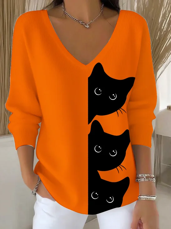 Lässig Unifarben V-Ausschnitt Langarm T-Shirt