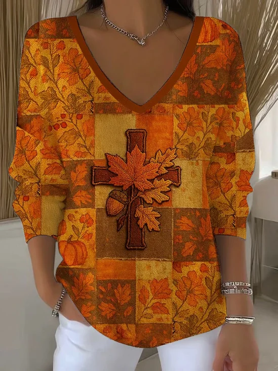 Damen Baumwolle Ahornblatt Langarm Bequem Lässig Pullover
