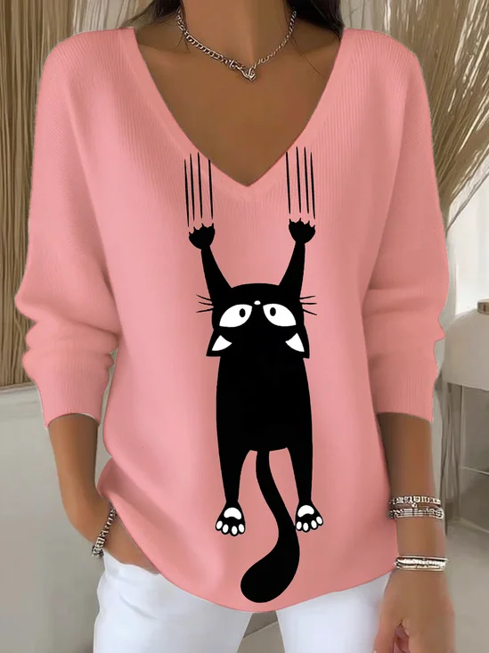 Lässig Unifarben V-Ausschnitt Langarm T-Shirt