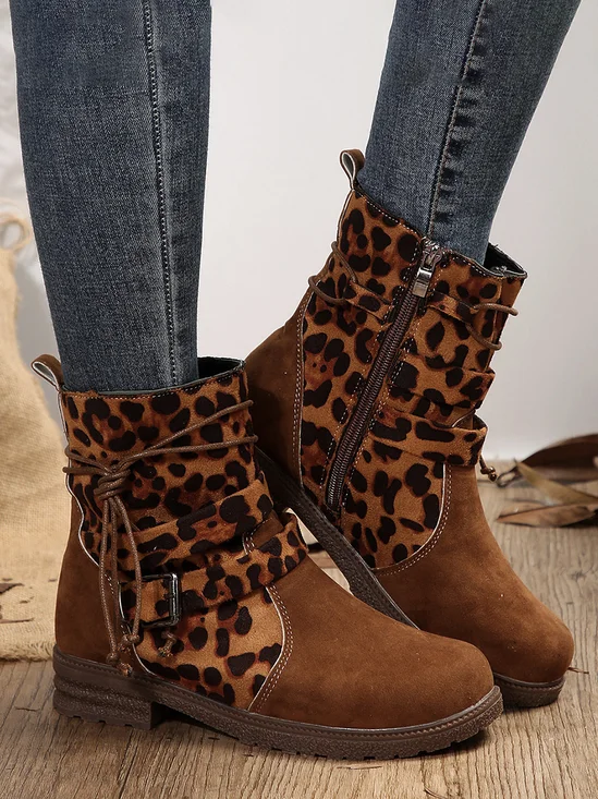 Retro Farbblock Reißverschluss Niedrig Gerade Stiefel