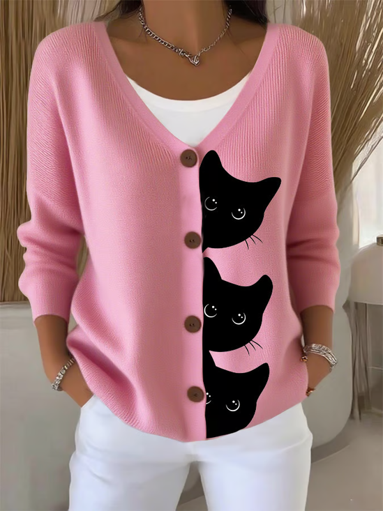 Damen Katze Langarm Bequem Lässig Strickjacke