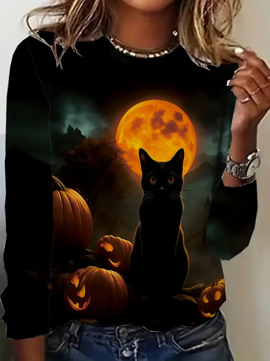 Lässig Katze Rundhals Langarm T-Shirt