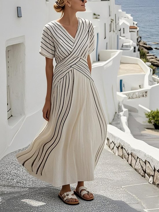 Damen Gestreift Sommer Nahtverarbeitung Kleid V-Ausschnitt Kurzarm T-Shirt-Kleid A-Linien-Kleid