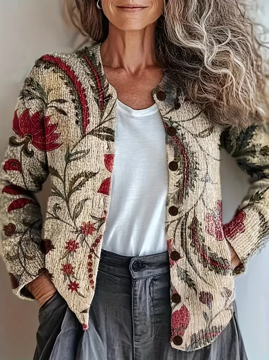 Damen Geblümt Langarm Bequem Retro Print Strickjacke