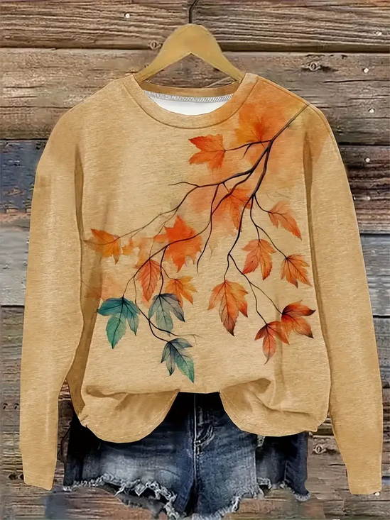 Lässig Rundhals Ahornblatt Sweatshirt Print