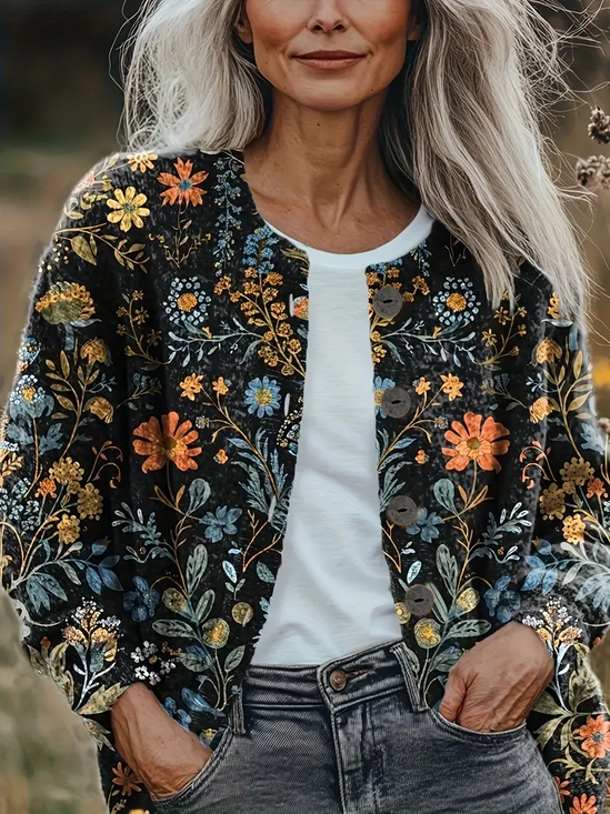 Damen Geblümt Langarm Bequem Retro Print Strickjacke