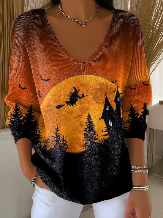 Lässig Halloween V-Ausschnitt Langarm T-Shirt