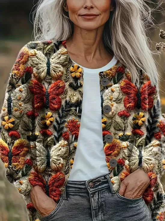 Damen Geblümt Langarm Bequem Retro Print Strickjacke