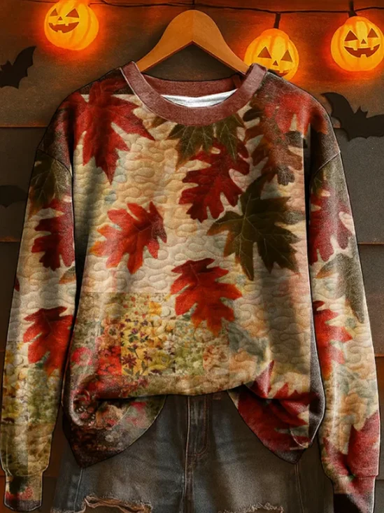 Lässig Rundhals Ahornblatt Sweatshirt Print