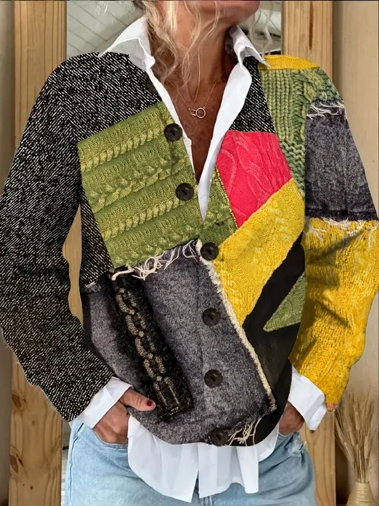 Damen Abstrakt Langarm Bequem Retro Print Strickjacke