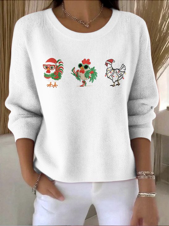 Damen Baumwolle Tier Langarm Bequem Retro Pullover