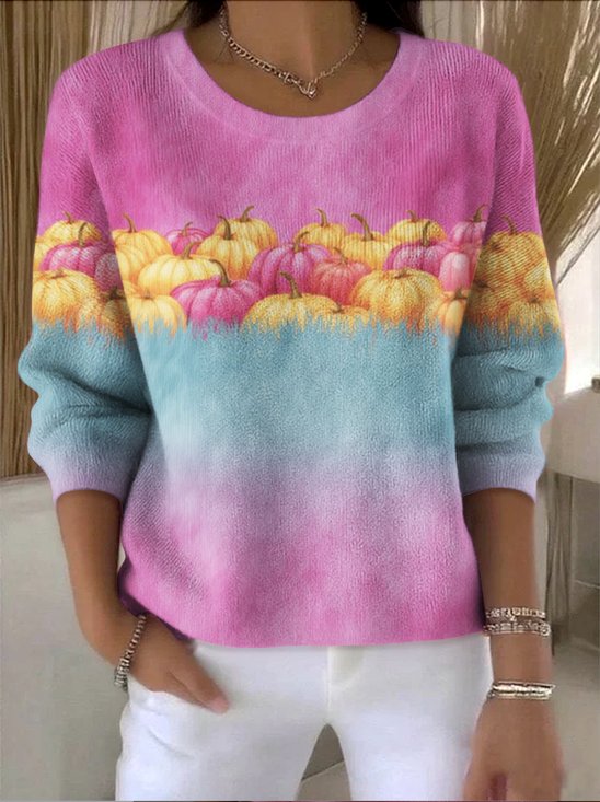 Damen Baumwolle Farbverlauf Langarm Bequem Retro Pullover