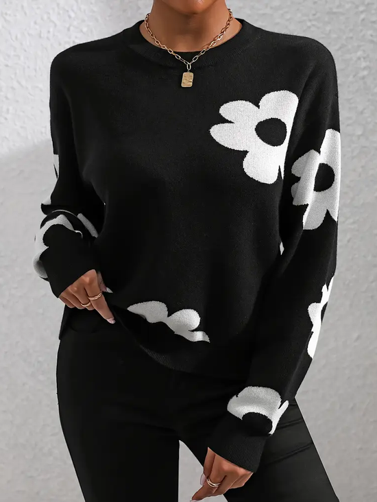 Damen Geblümt Langarm Bequem Lässig Print Pullover