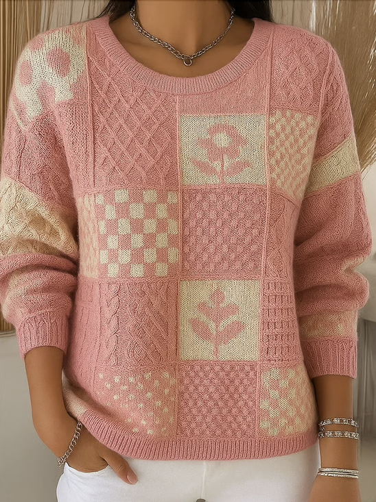 Damen Baumwolle Geometrisch Langarm Bequem Retro Pullover