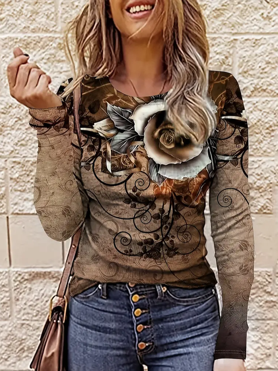 Lässig Geblümt Rundhals Langarm T-Shirt