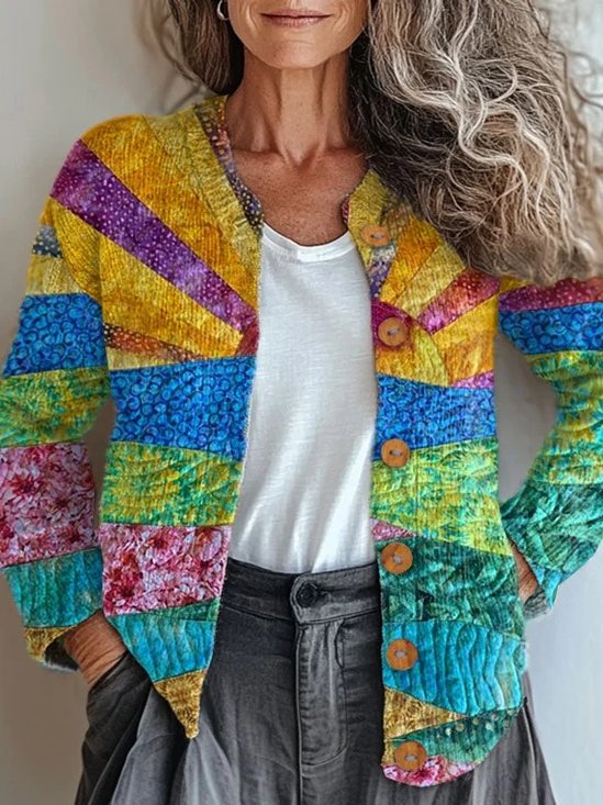 Damen Gestrickt Gestreift Langarm Bequem Retro Strickjacke