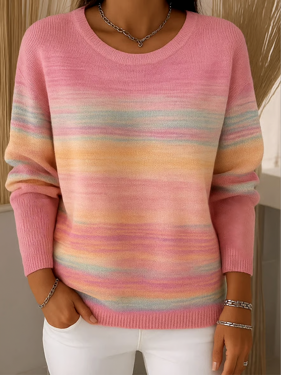 Damen Baumwolle Farbverlauf Langarm Bequem Retro Pullover