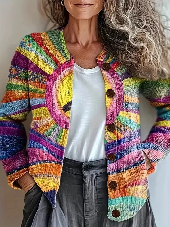 Damen Gestrickt Gestreift Langarm Bequem Retro Strickjacke