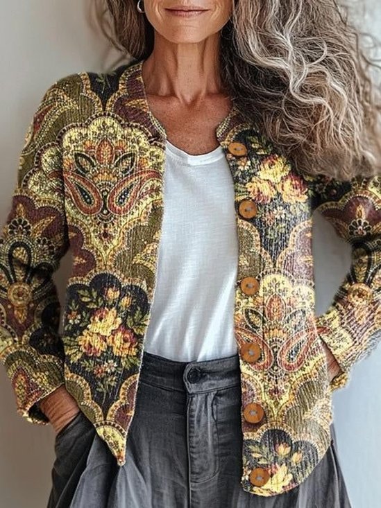 Damen Gestrickt Geometrisch Langarm Bequem Retro Strickjacke