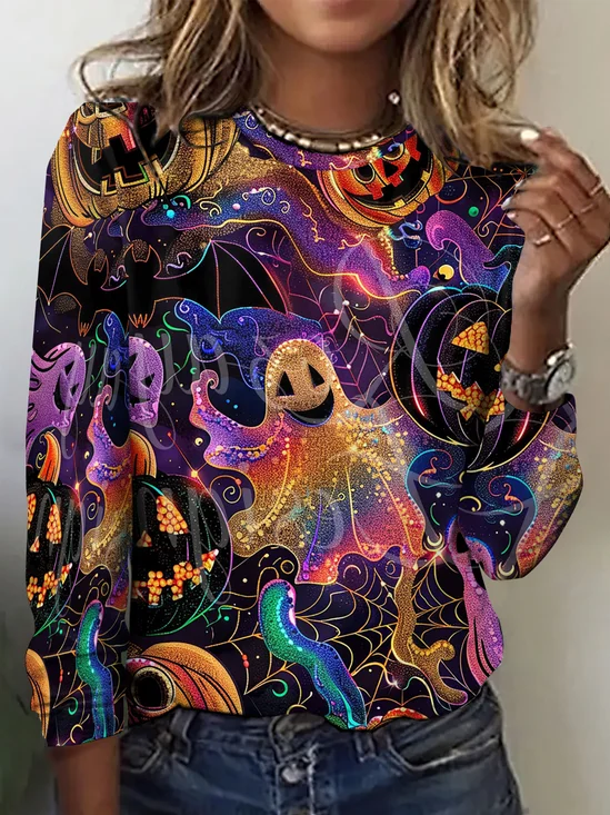 Retro Halloween Rundhals Langarm T-Shirt