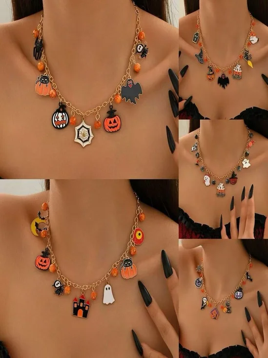 Neu Halloween Zubehör Nische Katze Geist Kürbis hochwertig Schmuck Schlüsselbein Kette Damen Pendant Licht Luxuriös Halskette