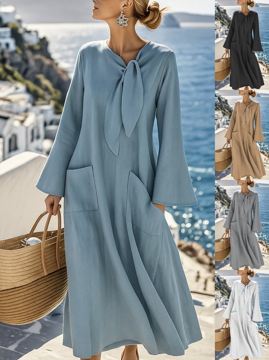 Damen Unifarben Frühling/Herbst Nahtverarbeitung Kleid Rundhals Langarm Tanktop A-Linien-Kleid
