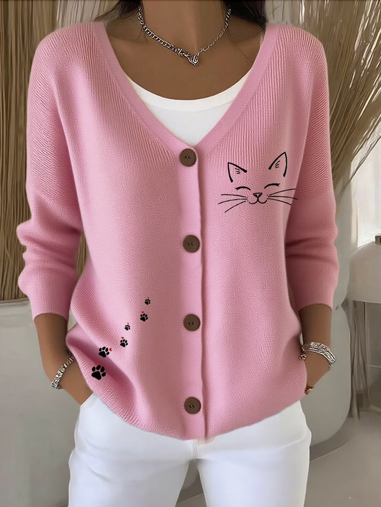 Damen Baumwolle Tier Langarm Bequem Lässig Strickjacke