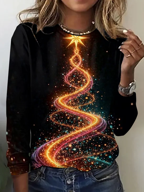 Retro Weihnachtsbaum Rundhals Langarm T-Shirt