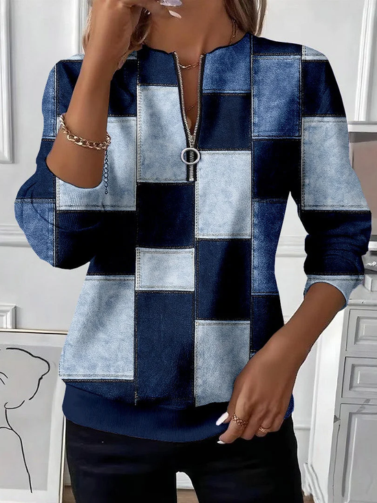 Lässig Rundhals Abstrakt Kariert Sweatshirt Print