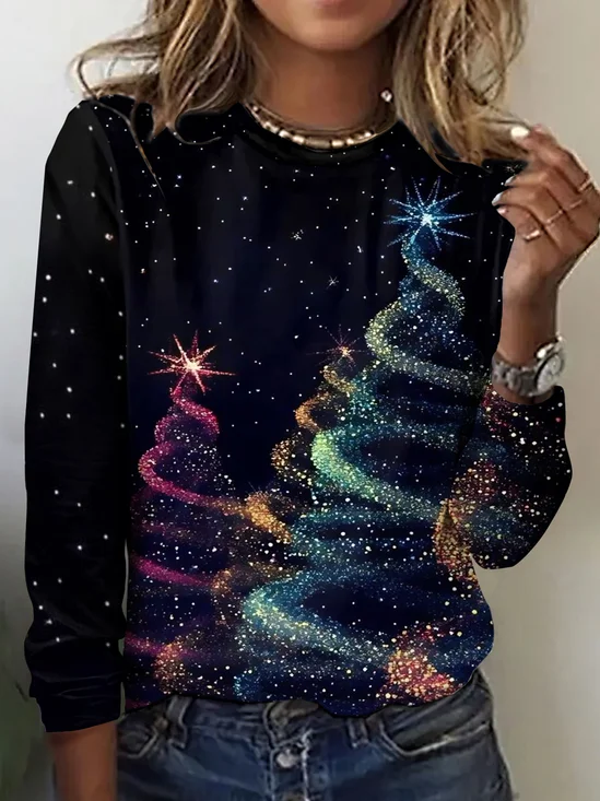 Retro Weihnachtsbaum Rundhals Langarm T-Shirt