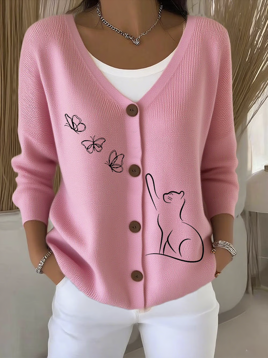 Damen Baumwolle Tier Langarm Bequem Lässig Strickjacke