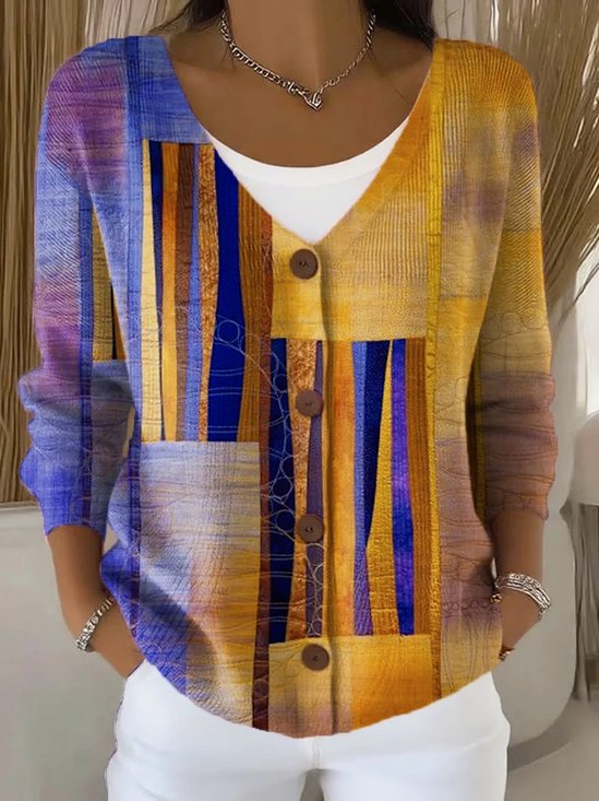 Damen Gestrickt Geometrisch Langarm Bequem Retro Strickjacke