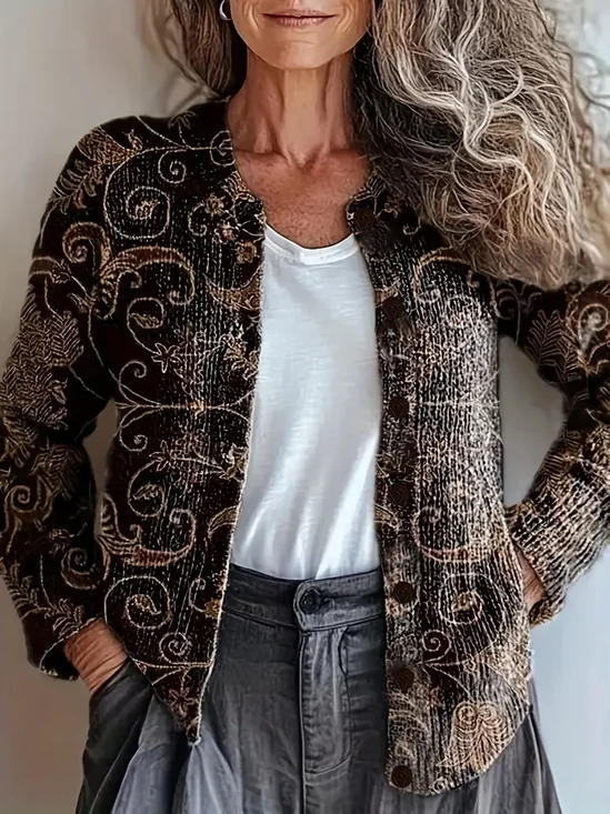 Damen Geblümt Langarm Bequem Retro Print Strickjacke