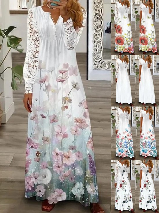 Damen Geblümt Frühling/Herbst Print Kleid V-Ausschnitt Langarm T-Shirt-Kleid A-Linien-Kleid