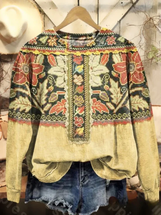 Retro Rundhals Geblümt Sweatshirt