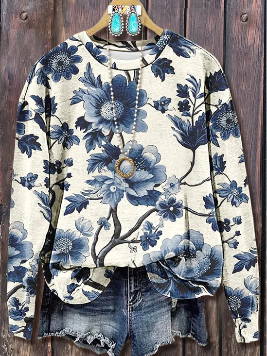 Lässig Rundhals Geblümt Sweatshirt Print
