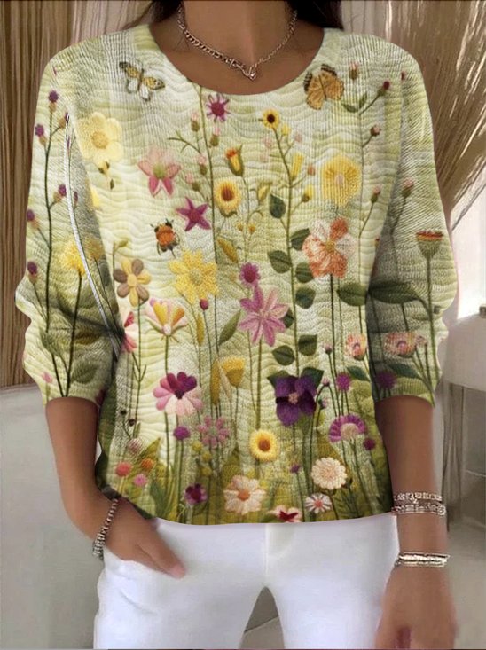 Damen Baumwolle Geblümt Langarm Bequem Retro Pullover