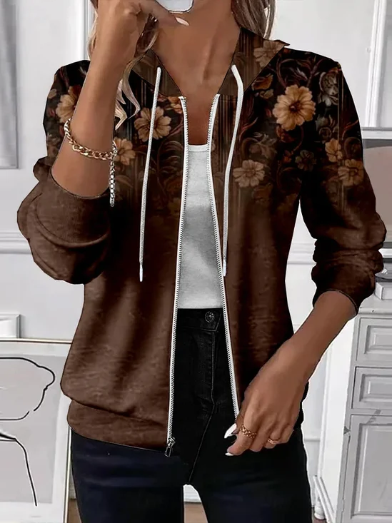 Damen Frühling/Herbst Oberbekleidung Lässig Print Geblümt Langarm Kapuze Jacke