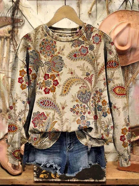 Lässig Rundhals Geblümt Sweatshirt Print
