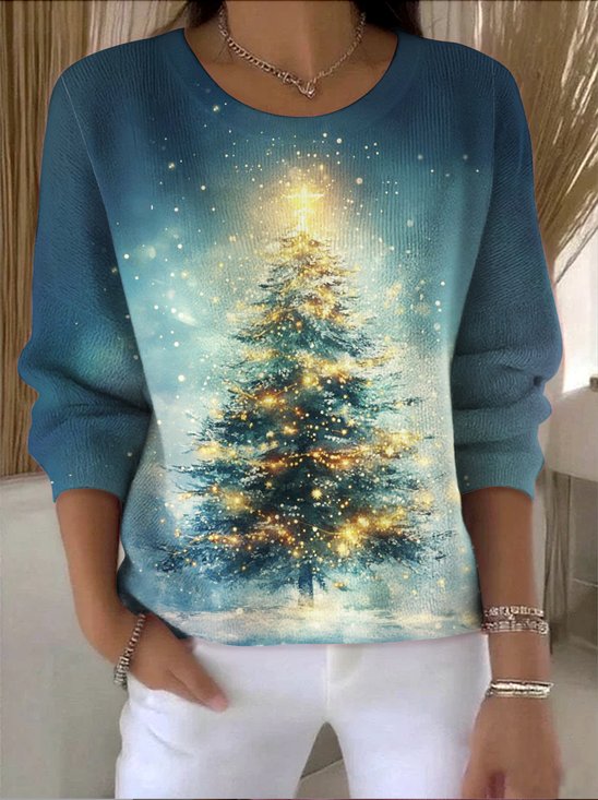 Damen Baumwolle Geblümt Langarm Bequem Retro Pullover