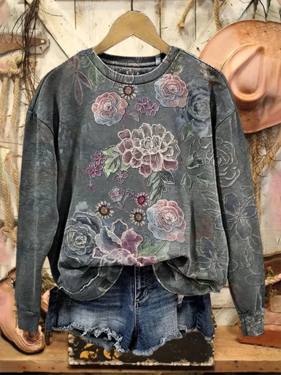 Lässig Rundhals Geblümt Sweatshirt Print